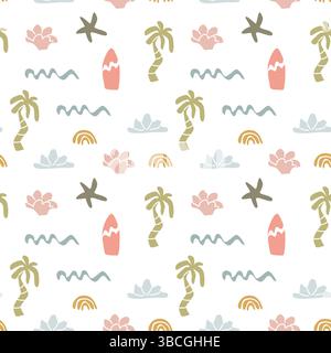 Boho summer elements pattern with palm trees, surfboards, and waves for design projects. Stock Vector