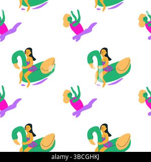 Cartoon pattern of diverse women on pool floats and swimming in water Stock Vector