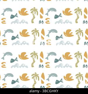 Boho summer pattern with palm trees and beach elements for creative design. Stock Vector