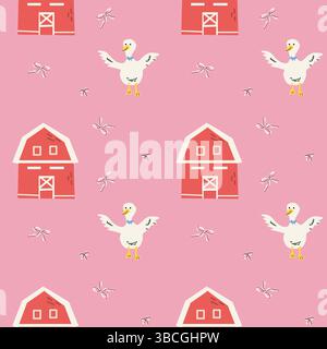 Charming rustic pattern with barns and geese for cozy cottage decor. Stock Vector