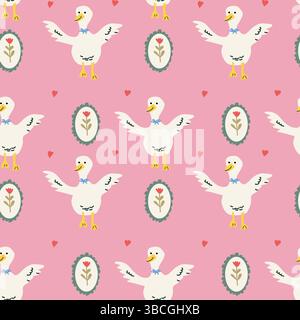 Whimsical cottage core pattern with ducks and floral elements. Stock Vector