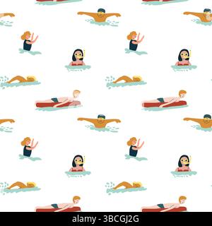 Seamless pattern of diverse people swimming on white background. Stock Vector