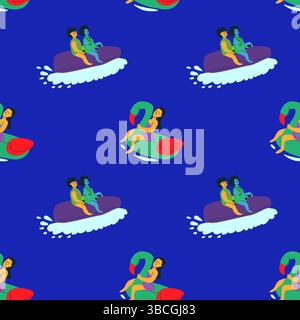 Colorful water sports seamless pattern with people on inflatable rafts and tubes. Stock Vector