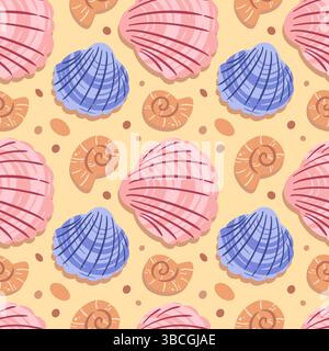 A seamless pattern featuring an elegant variety of seashells, showcasing intricate details and soft colors. This design captures the essence of the be Stock Vector