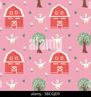 Charming cottage decor pattern with barns, trees, and ducks - perfect for rustic design projects. Stock Vector