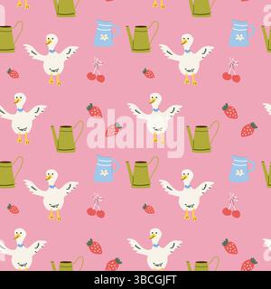 Charming cottage core decor with playful ducks, vintage watering cans, and fresh strawberries pattern design. Stock Vector