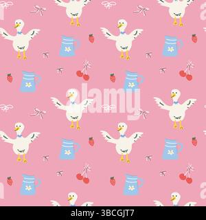 Charming cottage decor pattern with ducks and fruits for home accessories and prints. Stock Vector