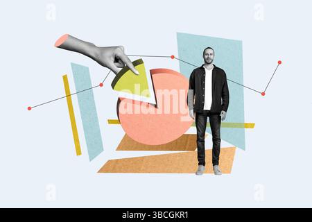 Poster image collage of person stand near pie chart with hand on blue background Stock Photo
