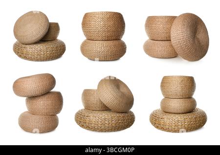 Straw poufs isolated on white, collage. Interior element Stock Photo