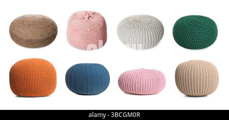 Different poufs isolated on white, collage. Interior element Stock Photo