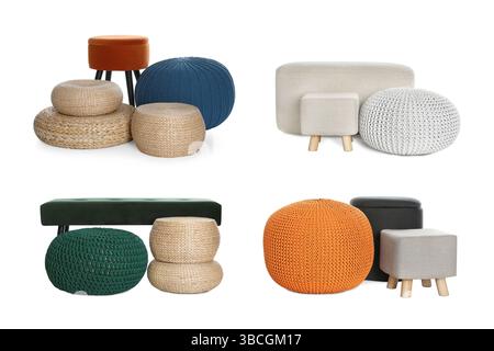 Different poufs isolated on white, collage. Interior element Stock Photo