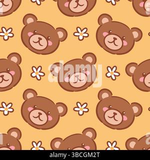 A seamless pattern featuring adorable kawaii bear faces on a warm yellow background adorned with cheerful daisies. The playful design brings a sense o Stock Vector