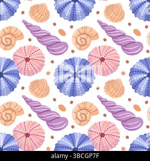 A seamless pattern featuring vibrant sea urchins and shells, showcasing their unique shapes and textures. The design captures the beauty of marine lif Stock Vector