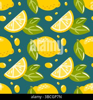 A seamless vector pattern featuring vibrant yellow lemons against a rich dark green background. The design seamlessly repeats, creating a fresh and li Stock Vector