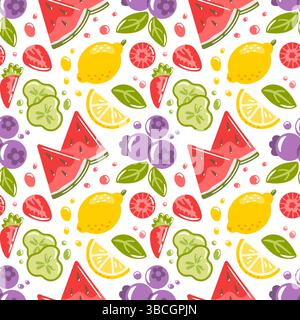 This lively vector illustration features a cheerful pattern of colorful fruits, berries and vegetables such as watermelon, lemon, blueberry and cucumb Stock Vector