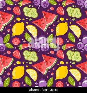 This vibrant vector illustration showcases a delightful assortment of colorful fruits, including watermelon, lemon, lime, and grapefruit. The playful Stock Vector