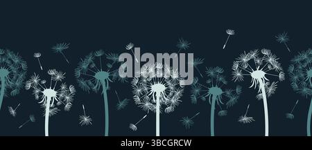 A seamless border featuring fluffy dandelions and floating seeds on a dark background, creating a whimsical and enchanting atmosphere that captures th Stock Vector