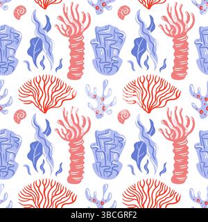 This seamless pattern features vibrant corals, lush seaweed and delicate sea anemones to create a vibrant underwater scene. Ideal for textiles, wallpa Stock Vector