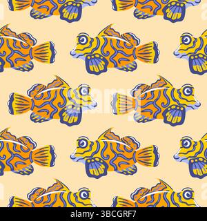 A seamless pattern featuring the vibrant mandarinfish, showing its bright blue and yellow colors, elegant fins, and intricate markings. Perfect for tr Stock Vector