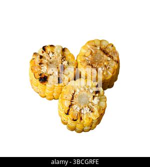 Group of three grilled corn halfs isolated cutout on white Stock Photo