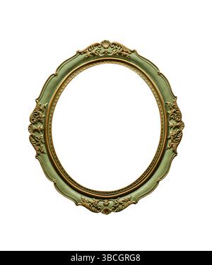 Green and gold oval wooden old antique ornate picture frame isolated cutout on white Stock Photo
