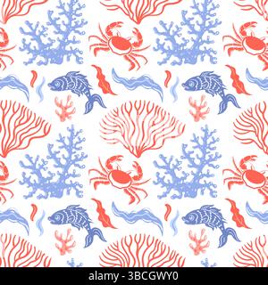 A seamless pattern featuring colorful corals, vibrant fish, and playful crabs, creating an underwater scene Stock Vector
