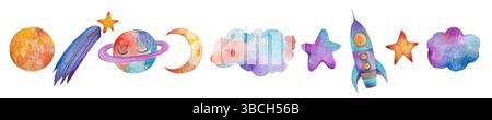 A set of watercolor elements stars, space, moon, clouds, for baby boys and girls. Stock Vector
