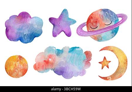 A set of watercolor elements stars, space, moon, clouds, for baby boys and girls. Stock Vector
