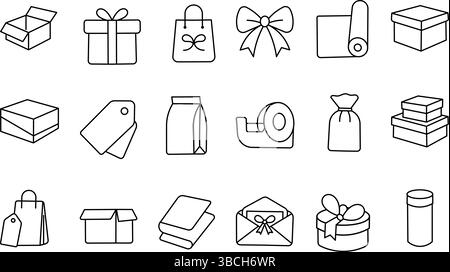Present Wrapping Essentials Icon Set – Editable outline icons of gift materials, bags, ribbons, and labels. Stock Vector