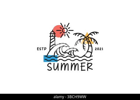 Illustration Beach at Summer Logo Concept. Wave, Ocean, Coconut Tree, Sun, Lighthouse. Stock Vector