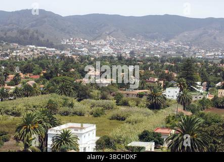 Cityscape view of La Laguna in Tenerife panoramic view with houses gardens and mountains Stock Photo
