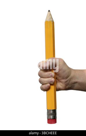 Big pencil in hand on a white background Stock Photo