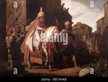 LASTMAN, Pieter Pietersz. (b. 1583, Amsterdam, d. 1633, Amsterdam)    The Triumph of Mordecai  1624  Oil on panel  Museum het Rembrandthuis, Amsterdam    Lastman is known in the modern literature as the leading member of the group of artists called the pre-Rembrandtist. The group was mainly active in Amsterdam. What they have in common is their dedication to history painting, often employing biblical and mythological subjects that hitherto was rarely depicted by Dutch painters. Their style is derived from sources that Lastman used and all of them borrowed from Lastman, the most influential mem Stock Photo