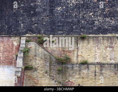 Full frame image of a very large old brick wall with many patched and repaired sections stains weeds and black painted area Stock Photo