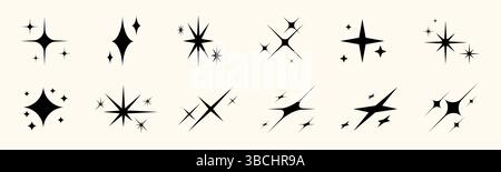 Galaxy inspired star icons set. Features minimal shapes, 70s and 80s aesthetics, sparkles, snowflakes, and fireworks. Great for tattoo, poster, or digital decoration projects. Stock Vector
