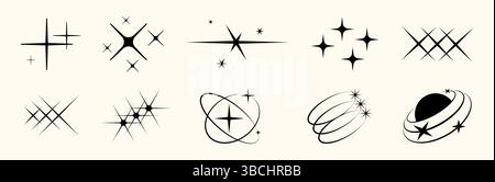Retro Y2K star icon set with glitter, glow, sparkle, and flash effects. Flat and outlined symbols. Perfect for festive, cosmic, or vintage inspired graphic design. Stock Vector