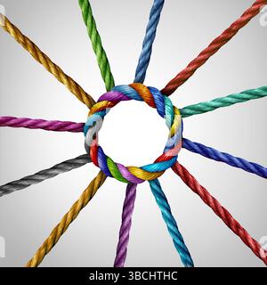 Centralized Network Access and Central core convergence connection business concept as a group of diverse ropes connected to a main circle rope as a p Stock Photo