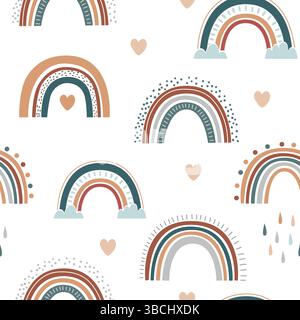 Cute Boho Rainbow seamless pattern with hearts. Pastel colors and Scandianvian style background. Vector illustration. Stock Vector