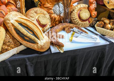 Lots of different types of bread prepared for a New Year's Eve celebration at the Cinnamon Dhonveli holiday resort, Malé, Maldives, Indian Ocean Stock Photo