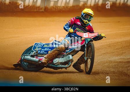 WARSZAWA, POLAND – MAY 17, 2025: Orlen Oil FIM Speedway Grand Prix of Poland in PGE Narodowy 2025. In photo Dominik Kubera (415, Poland). Stock Photo
