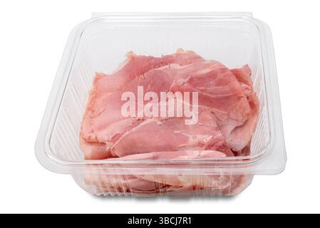Sliced cooked ham in clear plastic box isolated on white with clipping path included Stock Photo
