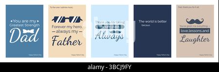 Happy Father's Day Card Set Design Bundle, Inspirational Quotes for Dad, Father, Papa Posters, Stylish Typography Greeting Cards with Mustache Icons Stock Vector