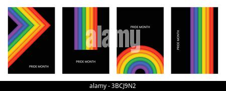 Colorful Pride Month Abstract Poster Set, Rainbow Lines Modern Geometric Art Design, Vibrant Minimal, Backgrounds with Dark Gradient Stock Vector