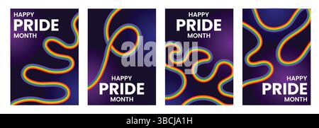 Colorful "Happy Pride Month" Banners Vibrant Rainbow Abstract Designs, Pride Month Celebration Posters Stock Vector