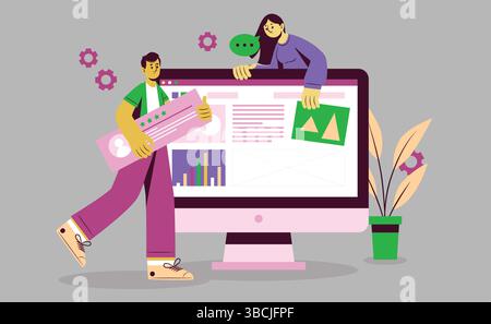 UI/UX Designers Working on Web Page Layout, Flat Design of Creative Web Interface Teamwork Stock Vector