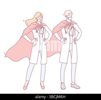 An illustration features heroic healthcare workers wearing capes, embodying both resilience and unwavering dedication Stock Vector