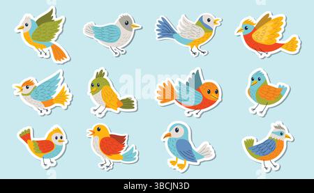 Set of colorful cartoon stickers with birds in flat style, featuring various species with bright feathers. Stickers of flying, singing and perching bi Stock Vector