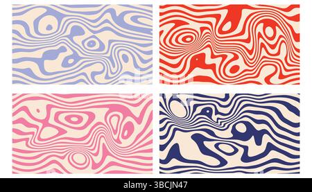 Set of four abstract backgrounds featuring wavy, fluid, organic striped textures. Smooth flowing lines create a modern, dynamic look. Ideal for poster Stock Vector