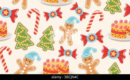 Festive seamless pattern featuring Christmas treats like cakes, gingerbread, candies, and candy canes in flat style. Perfect for holiday packaging, te Stock Vector