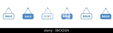 A set of blue illustrative signs hanging by strings. The signs read 'SALE,' 'RENT,' and 'SOLD', representing the availability of properties Stock Vector